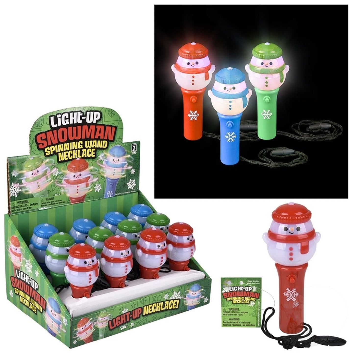Snowman Themed Light Up Spinning Wand Necklace Kids Toy